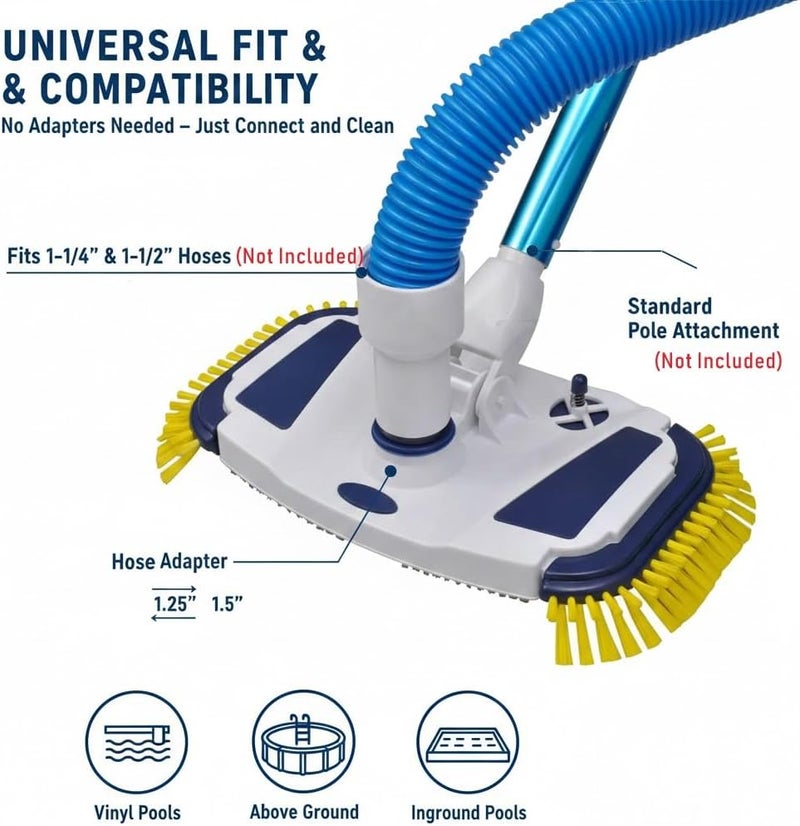 ProMotus Weighted Pool Vacuum Head, Vinyl-Safe No Wheels Manual Cleaner with Air Relief Valves，Multi-Directional Brushes for Above Ground & Inground Pools, Universal Fit for 1-1/4" & 1-1/2" Hoses - Image 4
